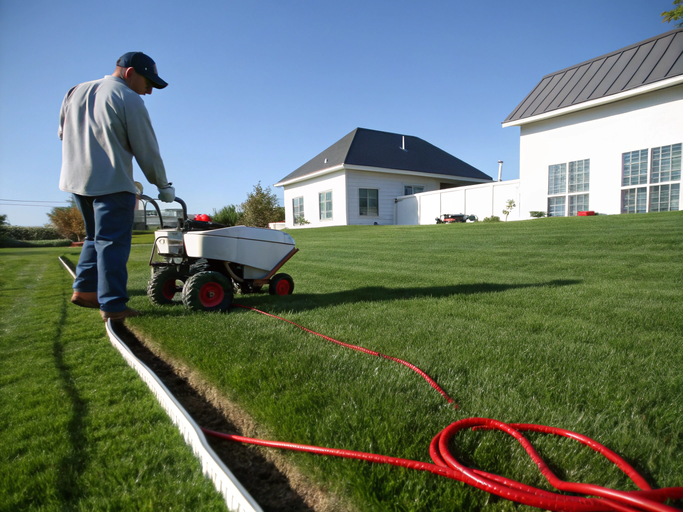 Freshly cut green lawn with clean mowing stripes